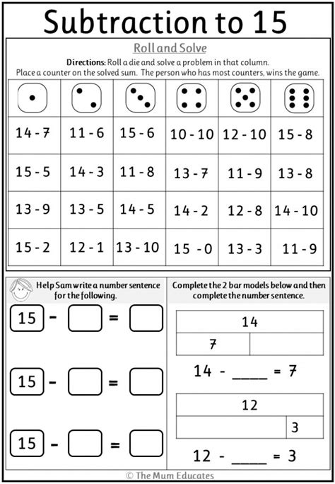 Free Subtraction to 15 worksheet | Subtraction worksheets, Subtraction