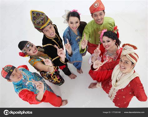 Malaysian People Traditional Clothes Posing Studio Stock
