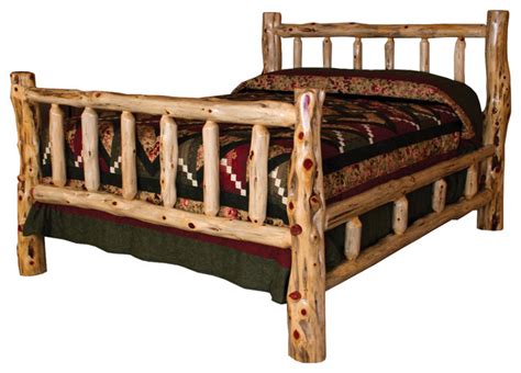 Rustic Red Cedar Log Queen Size Bed With Double Side Rails And Spindles