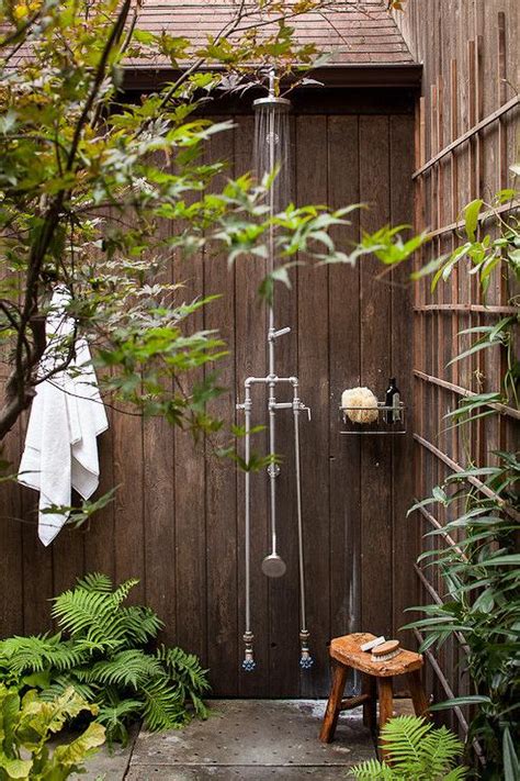 Private Outdoor Shower With Tree Country Bathroom