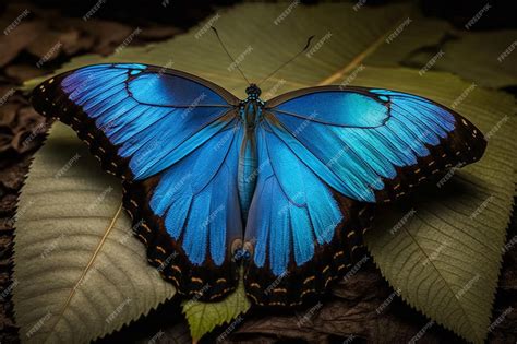 Una Mariposa Morfo Azul Se Sienta En Una Hoja Foto Premium