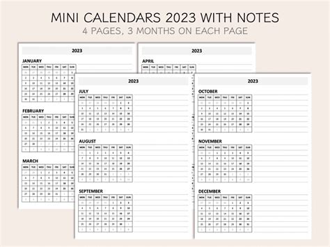 Printable Mini Monthly Calendars 2023 Yearly Overview With Etsy