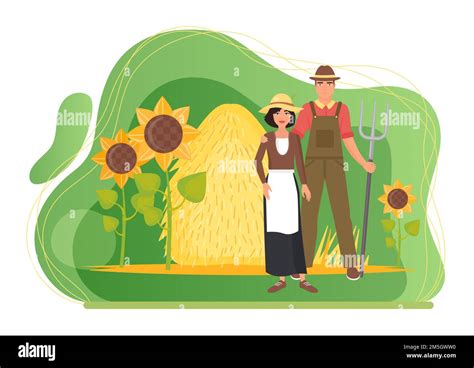 Farmers People And Farm Village Landscape With Haystack And Sunflowers