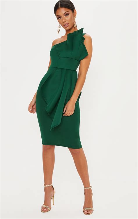 Emerald Green One Shoulder Midi Dress Prettylittlething Aus