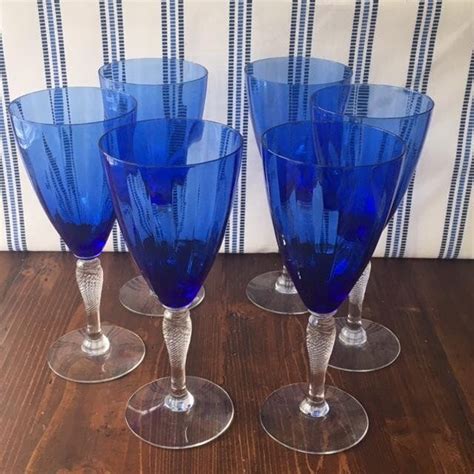 Vintage Set Of 6 Cobalt Blue Crystal Water Goblets Faceted Etsy Vintage Wine Glasses Blue