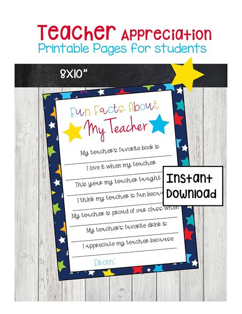 Fun Facts About My Teacher Printable Page For Students Etsy México