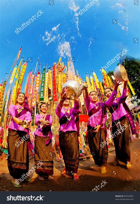 the beautiful woman thai people celebrate songkran festival water festival in chiangmai