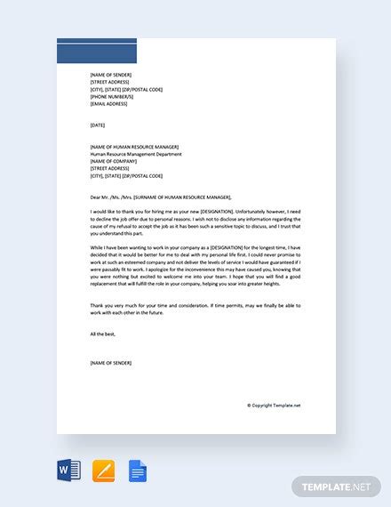 Sample Job Offer Rejection Letter Due To Personal Reasons Certify Letter