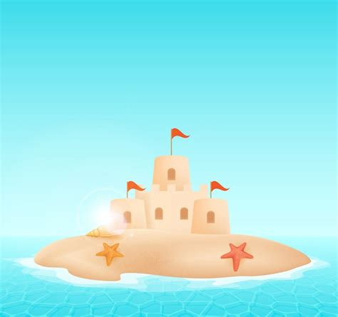 Castillo de arena en la ilustración de vector de playa Vector Premium