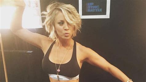 kaley cuoco shows off her killer abs and looks super sexy in a calvin klein bra top