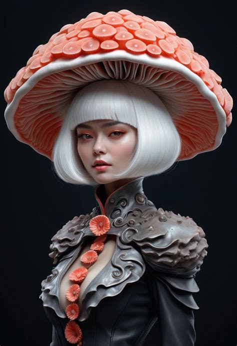 Woman With White Hair Wearing A Mushroom Hat Dark Background Digital