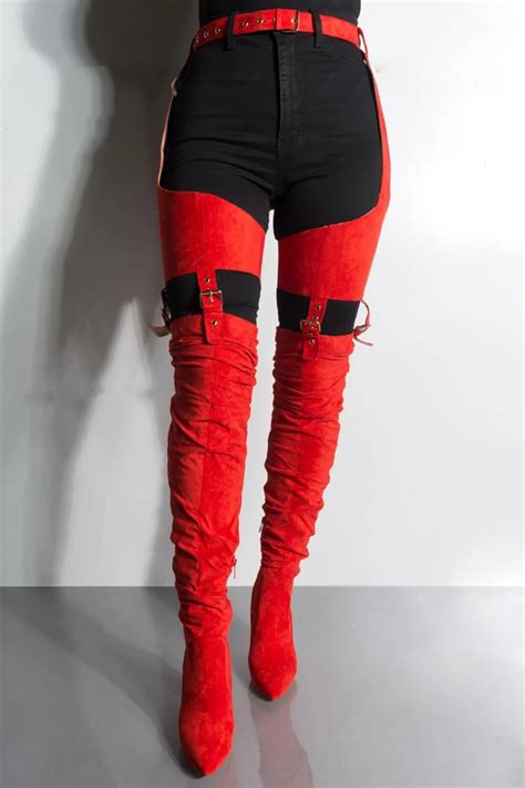 Red Suede Belted Thigh High Boots Belt Thigh High Boots Fashion Outfits Fashion