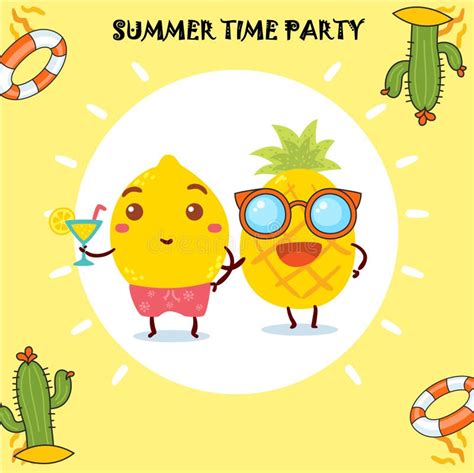 Yellow Summer Time Party Cute Vektor Pineapple Stock Illustrations 1