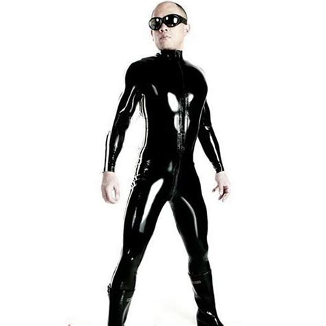 Super Cool Sexy Men Black Patent Leather Jumpsuit Vinyl Latex Bondage