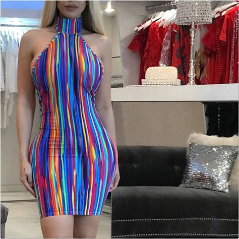 2018 Sexy Girls Elegant Women Rainbow Strip Print Backless Halter Skinny Mini Dress Summer Dress