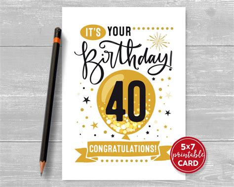Printable 40th Birthday Card Congratulations Forty Balloon Etsy Uk