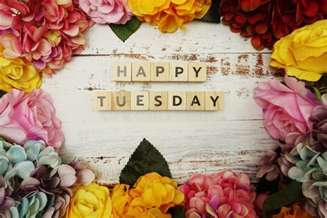 Happy Tuesday Alphabet Letter With Colorful Flowers Border Frame On