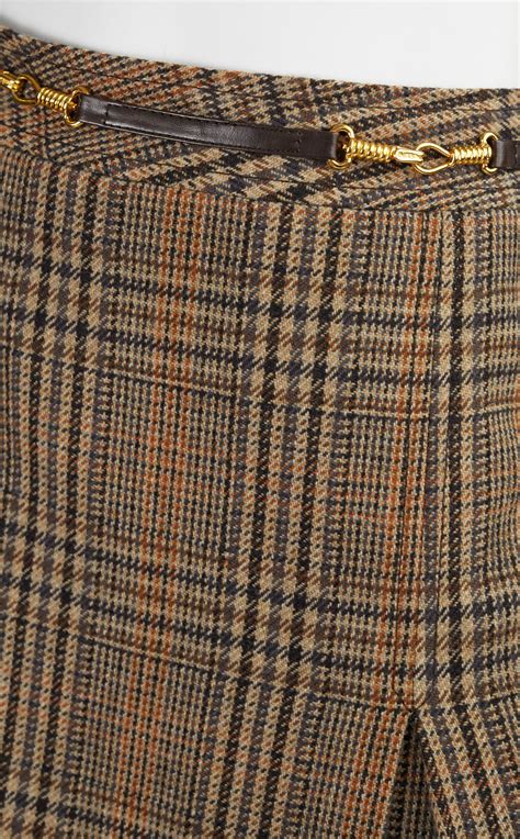 Céline 1970s Vintage Horsebit Brown Plaid Wool Pleated Skirt