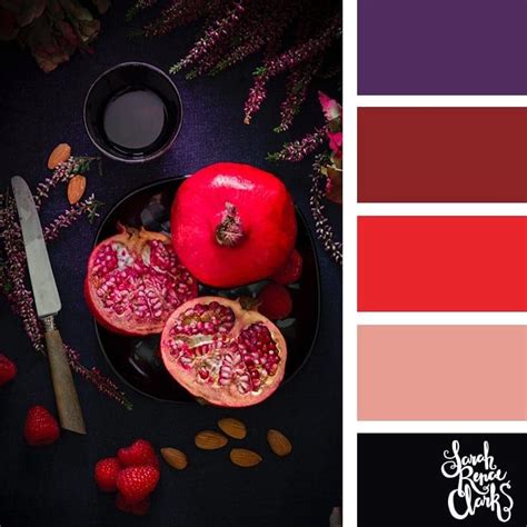 the color scheme is red purple and black with an assortment of fruits on it