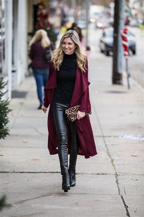 Elegant Chic Burgundy Shawl Collar Duster And Leather