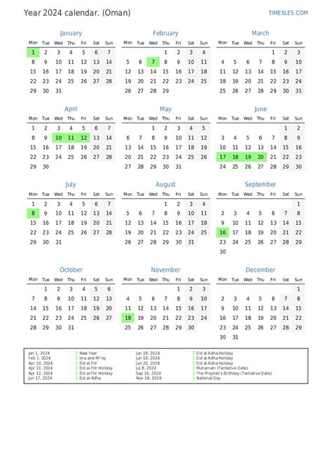 Calendar For 2024 With Holidays In Oman Print And Download Calendar