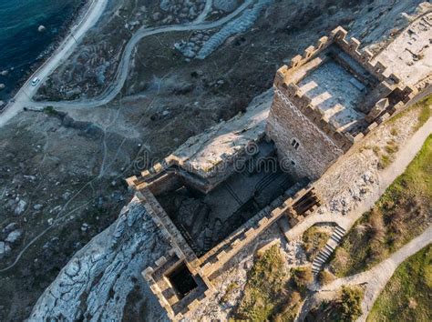 Genoese Fortress In Sudak Crimea Aerial Panorama View Of Ruins Of