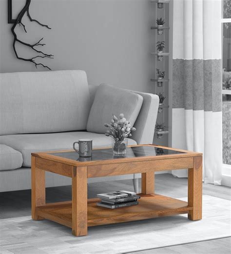 Buy Mckenzy Solid Wood Coffee Table With Glass Top In Rustic Teak Finish Woodsworth By