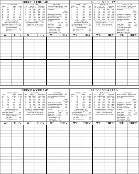 printable bridge score sheets