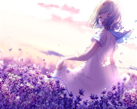 Spring Purple Lavender Flowers Anime Girl Preview