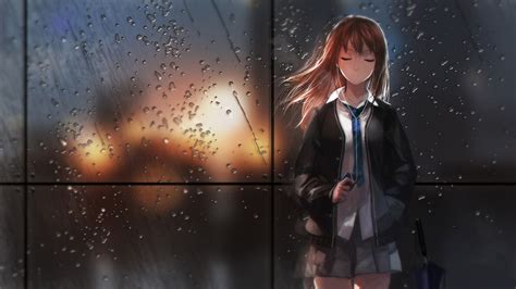 1920x1080 Girl Anime Rain Glass Light Schoolgirl Wallpaper 