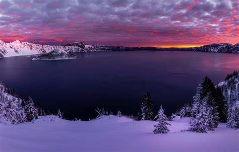 Wallpaper Winter Landscape Sunset Panorama Usa Crater Lake Oregon