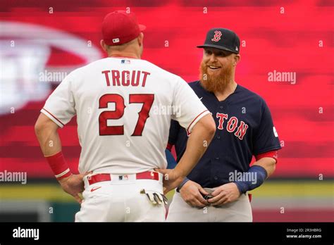 Los Angeles Angels Center Fielder Mike Trout 27 Greets Boston Red Sox