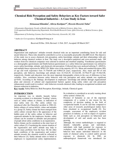 PDF Chemical Risk Perception And Safety Behaviors As Key Factors