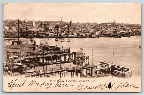 Newport Rhode Islandcity Skylineharbor Docksc1905 Sepia Postcard