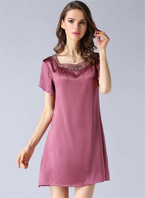 Womens Comfortable Short Sleeve Pure Mulberry Silk Nightgown