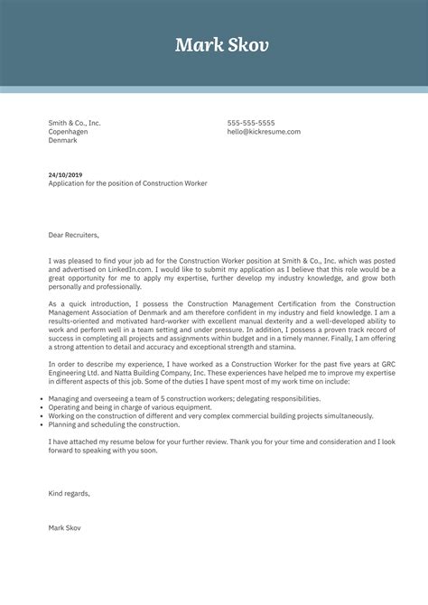 Construction Worker Cover Letter Example Kickresume