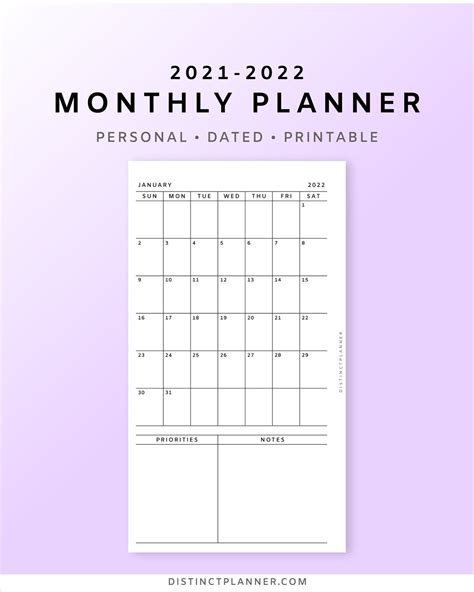2021 2022 Monthly Planner Printable Dated Monthly Calendar Etsy
