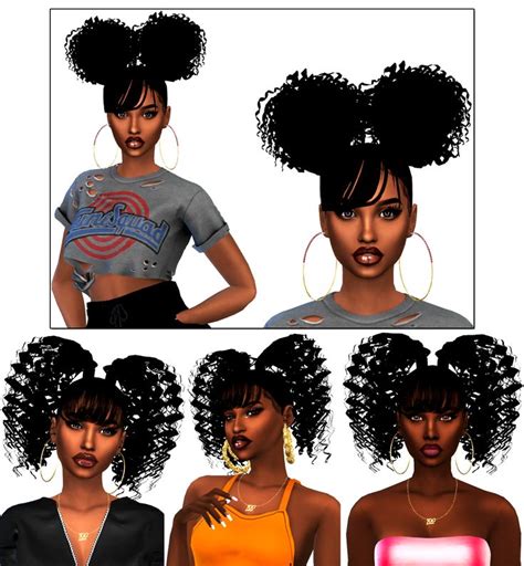 2curlypuffshairtwoponyhair Mesh Edit With Bangs Sims 4 Black Hair