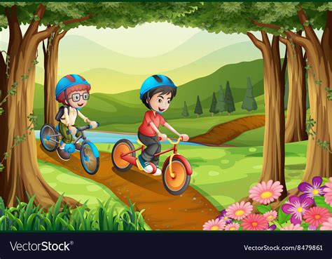 Two Boys Riding Bicycle In The Park Royalty Free Vector