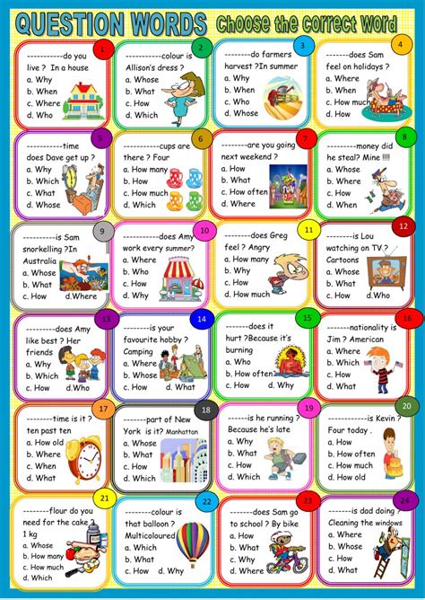 There are a good variety of words in the families that have familiar picture clues (like cat, van, cap, etc). Question words: multiple choice - Interactive worksheet