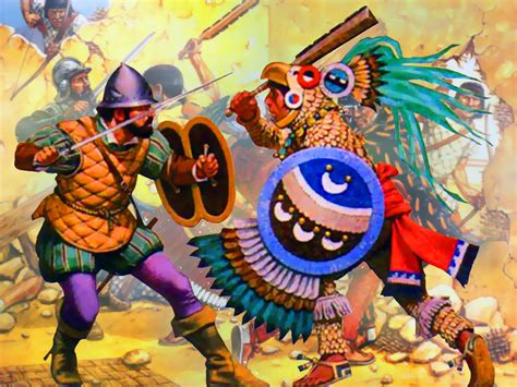 spanish conquistador fighting against an aztec eagle warrior during the spanish conquest of the