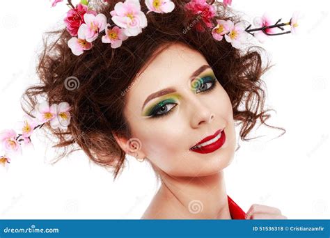 Portrait Of A Beautiful Spring Girl Wearing Flowers In Hair Stu Stock