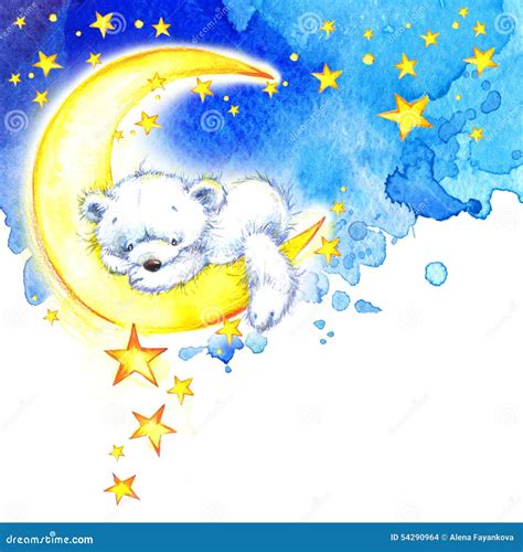 White Teddy Bear And Night Stars Background Watercolor Stock