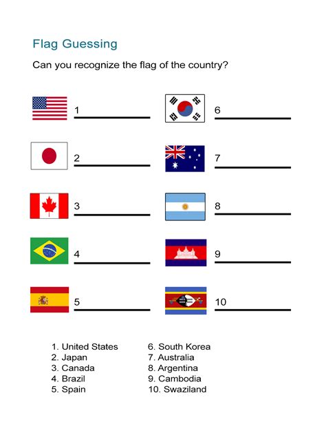 Flags Of The World Picture Quiz Printable Geography Worksheets