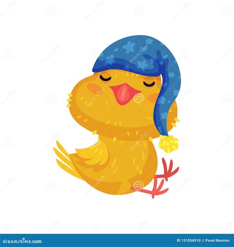 Little Yellow Cartoon Chicken Is Sleeping While Sitting Vector