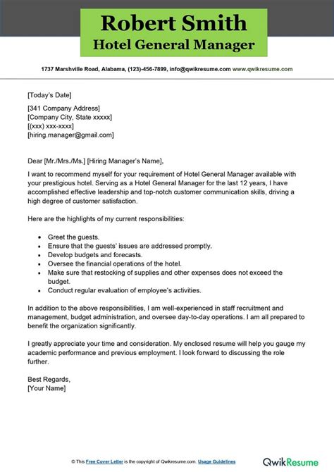 Hotel General Manager Cover Letter Examples Qwikresume