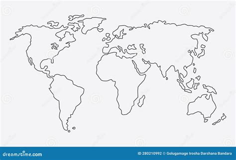 Simple World Map In Line Style Vector Sign On Gray Background Line