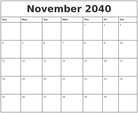 November 2040 Printable Monthly Calendar