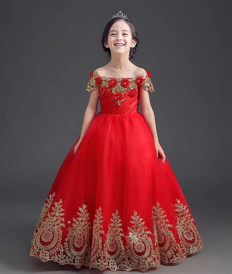 Red Dress Long Wedding Children Baby Princess Dress Chiffon Mesh Kids