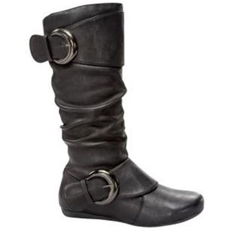 Womens Black Faux Leather Mid Calf Slouchy Round Buckle Boots Read